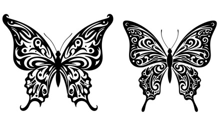 Two stylized black and white butterfly designs with intricate tribal patterns on their wings, presented as vector illustrations.