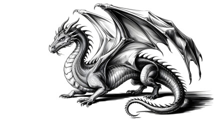 Fototapeta premium Detailed black and white drawing of a majestic dragon with wings spread