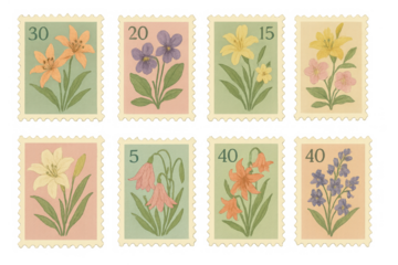 Vintage postage stamps showing varied floral designs, collecting old botanical illustrations for philately hobby with transparent background