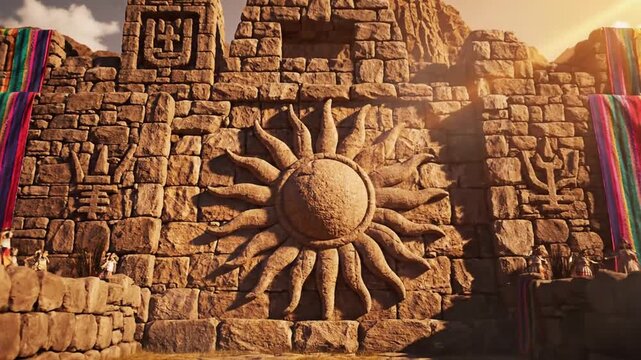 Inti Raymi Festival Background with Incan Sun Symbols Stone Textures and Sun Gold Terracotta Tones