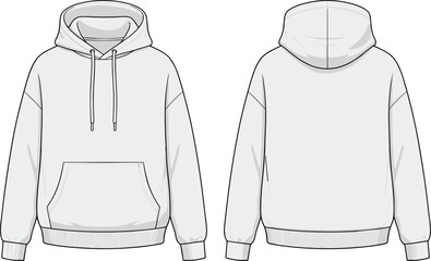 Technical Fashion Flat Sketch of a Men's or Unisex Pullover Hoodie Sweatshirt. Front and Back View CAD Template with Hood, Drawstring, Pouch Pocket, and Rib Cuffs Outline. © JOYDIP ROY