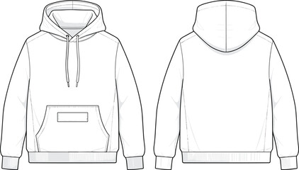 Technical Fashion Flat Sketch of a Men's or Unisex Pullover Hoodie Sweatshirt. Front and Back View CAD Template with Hood, Drawstring, Pouch Pocket, and Rib Cuffs, Black and White. © JOYDIP ROY