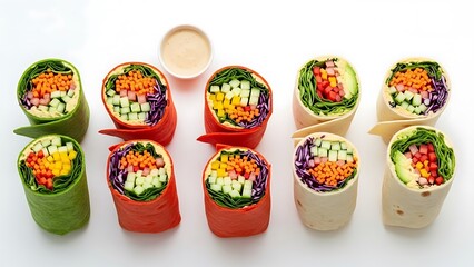 Colorful Vegetable Wraps with Dipping Sauce on a Clean White Surface
