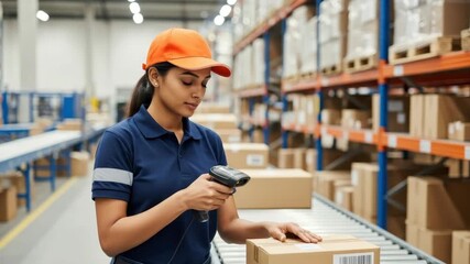 Worker scans packages at a distribution center to update inventory and track shipments