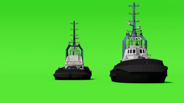 Powerful tugboats isolated on green screen, industrial maritime transport concept for harbor operations, shipping support, logistics visuals, and marine industry use.