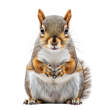 A close-up of a cheerful squirrel sitting upright. its fluffy tail and detailed fur. against a plain white background. ideal for wildlife photography and nature-themed projects