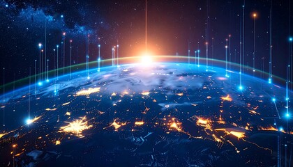 Glowing digital lines and a bright light over a globe at night