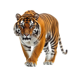A majestic tiger confidently strides forward. its orange and black stripes against a clean white backdrop. symbolizing strength and beauty in wildlife photography