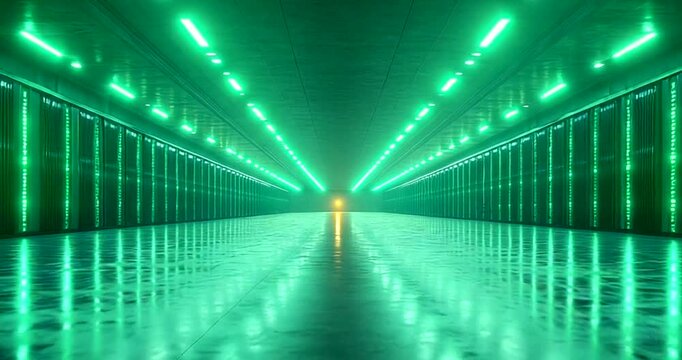 Futuristic data center with glowing green lights