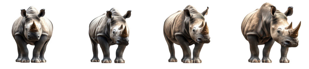 Fototapeta premium A series of four realistic rhinoceros sculptures different poses and angles. set against a neutral background. ideal for wildlife art and educational purposes