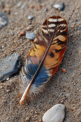 Detailed Close-Up of Striped Bird Feather Lying on Sandy Ground, created with Generative AI Technology, ai, generative