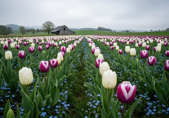 Vast field of vibrant white and purple tulips blooming under a soft overcast sky with a rustic barn