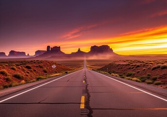 Endless desert highway stretching into the vibrant sunset over monument valley landscape