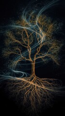Mystical Tree with Glowing Roots and Branches in Night Sky Abstract Fantasy Design for Enchanted Nature Theme or Spiritual Art Background