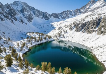 Obraz premium Pristine emerald alpine lake surrounded by majestic snow capped granite peaks in winter