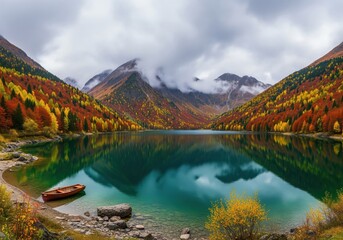 Fototapeta premium Vibrant autumn colors adorn mountains surrounding a serene emerald lake under a cloudy sky