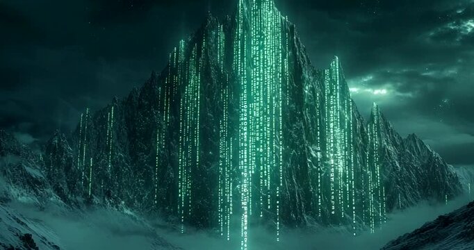 Futuristic digital mountain with cascading data streams