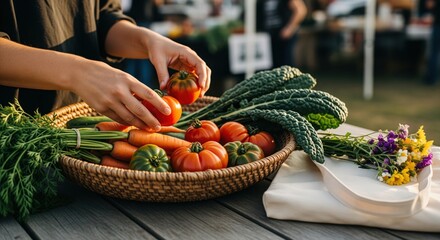 Hands arranging fresh organic produce, vibrant tomatoes and vegetables in a market basket