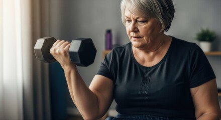 Senior woman performing bicep curl with dumbbell, demonstrating commitment to fitness