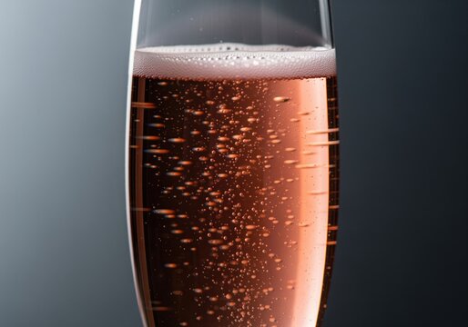 Cinematic close up of delicate effervescence in a glass of sparkling ros&eacute; wine