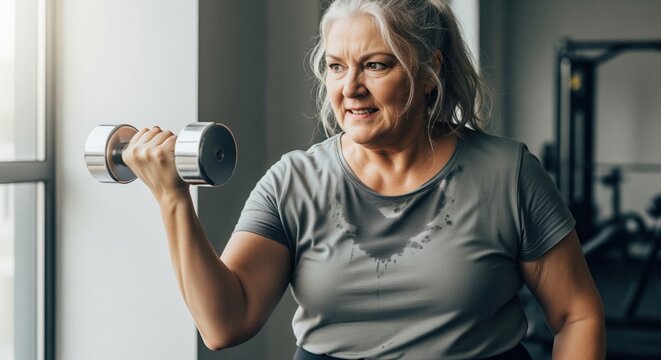 Sweating senior woman performing bicep curl with dumbbell, focused on strength training - Powered by Adobe