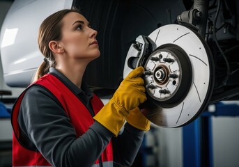 Focused female mechanic in yellow gloves inspecting a car brake assembly