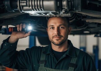 Professional auto mechanic examining vehicle underside with a light, confident gaze