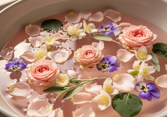 Fototapeta premium Enchanting rosewater bath with delicate pink roses, jasmine, and pansy blossoms