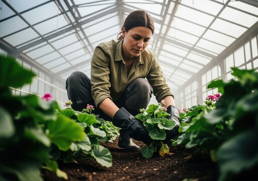 Female horticultural specialist tending vibrant flowering plants in a modern greenhouse - Powered by Adobe