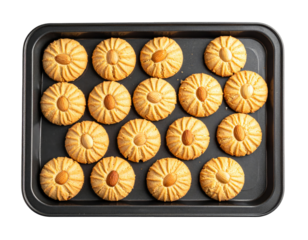 Almond Cookies on Dark Baking Sheet with Radial Pattern and Golden Crust
