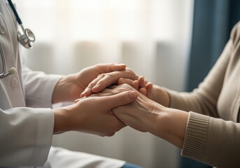 Doctor holding the hand of an elderly patient offering comfort, support, and compassionate care.
