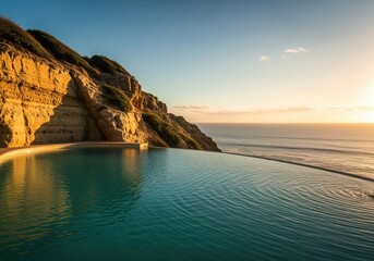 Breathtaking infinity pool carved into a golden cliff overlooking the vast ocean at sunset