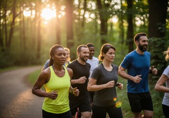 Diverse group of friends running together on a scenic park path during golden hour sunset.