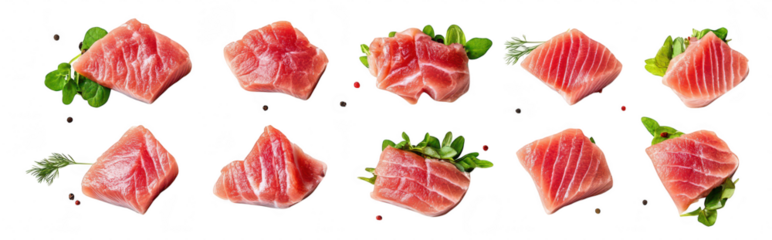 Freshly cut pieces of raw tuna arranged neatly on a white background. garnished with herbs and spices. ideal for culinary presentations or food-related advertising