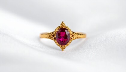 Simple gold engagement ring featuring a single ruby on a clean white background.