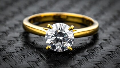 Elegant gold engagement ring featuring a large solitaire diamond, dark background.