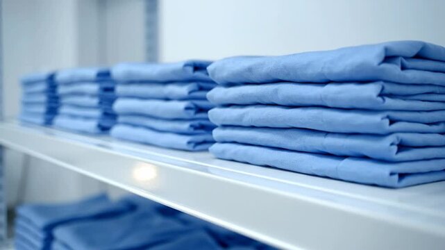 Neatly folded hospital gowns stacked on a shelf