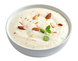 Creamy Shrikhand Dessert Topped with Almonds, Cashews, Pistachios, Saffron, and Mint