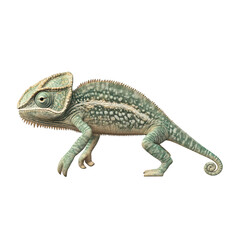 Obraz premium A chameleon in a dynamic pose. its unique color patterns and textures. set against a clean white background. ideal for educational and wildlife-related content
