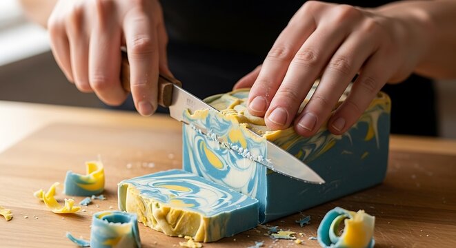 Person cutting homemade soap block with a knife on a wooden board