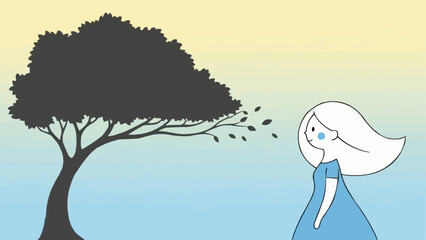 A young girl with flowing white hair in a blue dress stands near a silhouette of a tree.