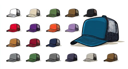Assortment of trucker hats in various colors, illustrated