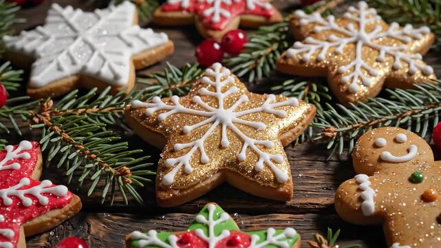 Decorated Christmas Cookies Arranged on Wooden Surface