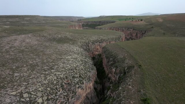 Soganli canyon valley drone aerial view in Cappadocia, Turkey