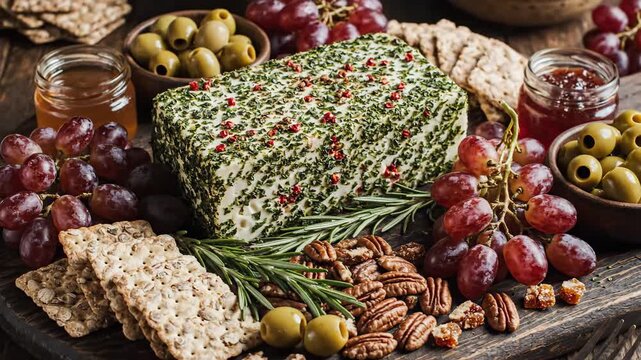 Rustic cheese log on wooden board surrounded by various appetizer elements