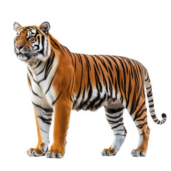 Obraz premium A majestic tiger stands confidently in a white background. its orange and black stripes. symbolizing strength and beauty. ideal for wildlife conservation themes