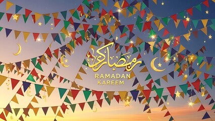 "Ramadan Kareem Greeting with Colorful Flags - Festive Sunset Sky Stock Illustration"