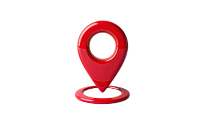 Glossy red map marker pin stands on a small ring
