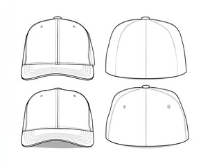 Baseball cap line drawings, front and back views, in grayscale
