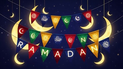 "Colorful Ramadan Bunting Flags with Crescent Moons - Festive Greeting Stock Illustration"